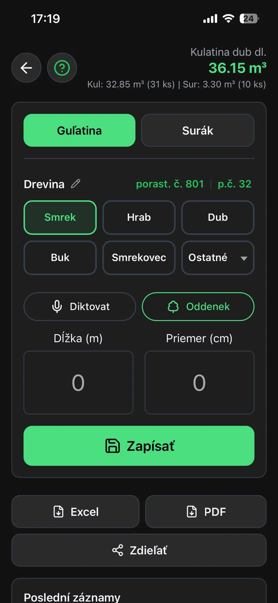 Detail zadávania rozmerov guľatiny v aplikácii Timber Calc