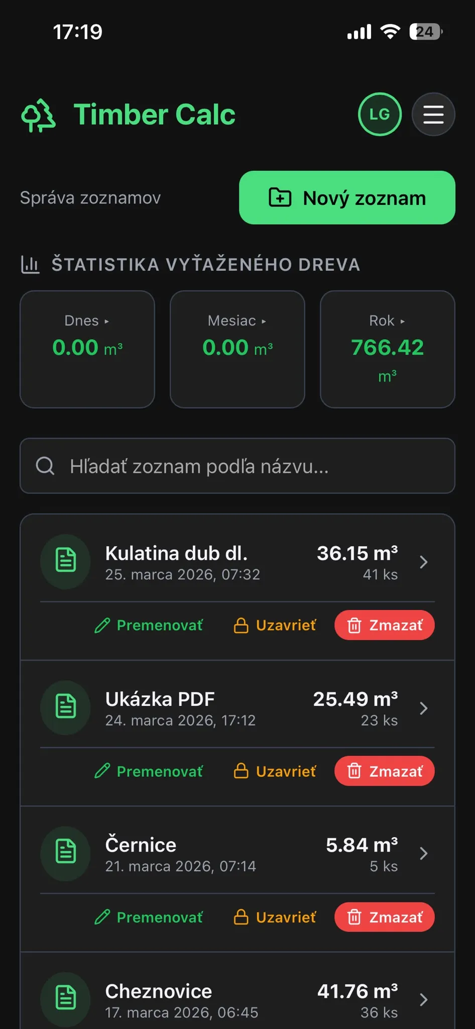 Správa zoznamov kubírovania dreva v aplikácii Timber Calc
